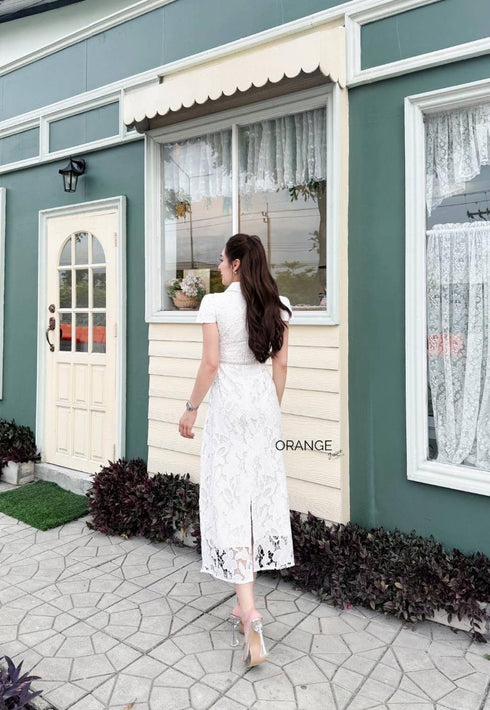 High Quality Collar Down Short Sleeves Lacey Dress